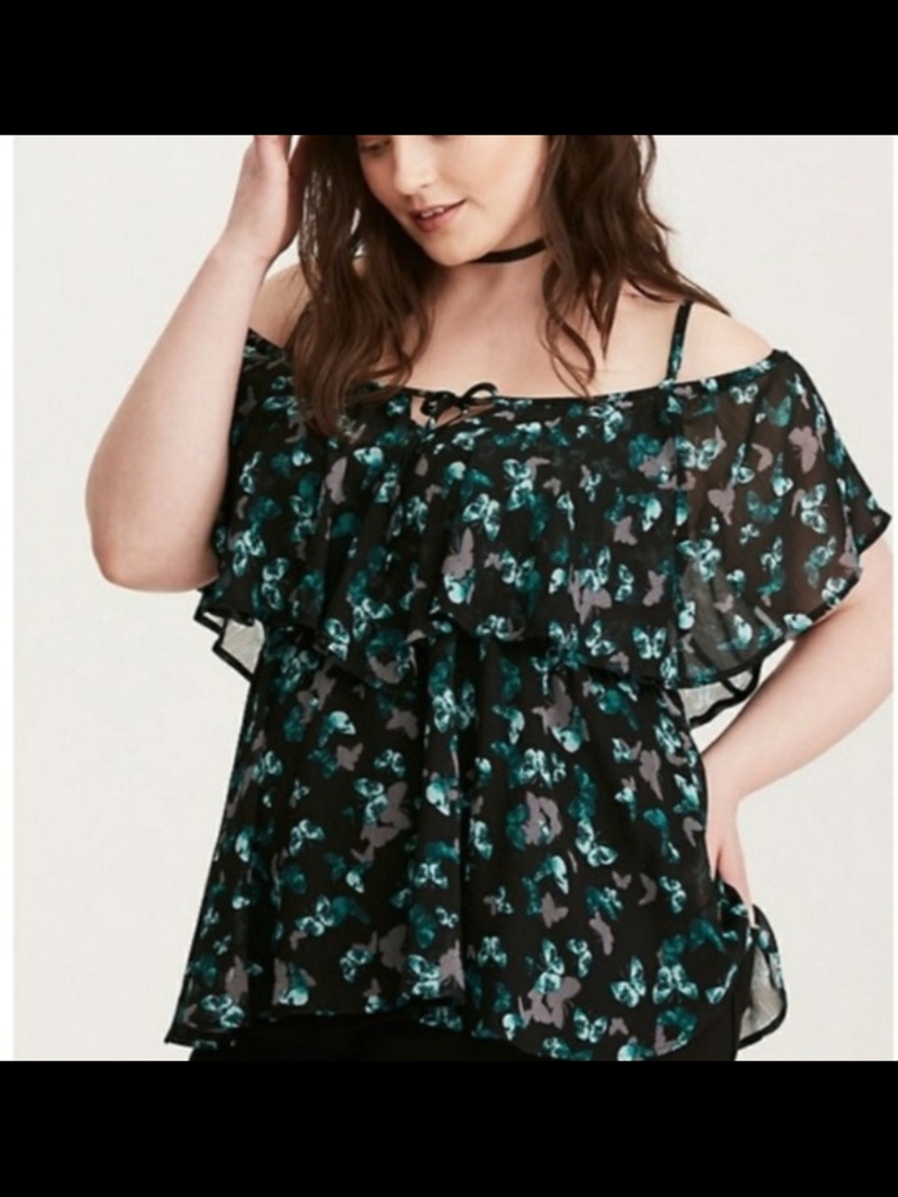 Torrid 2 Black Teal Butterfly Off-Shoulder Ruffle Blouse